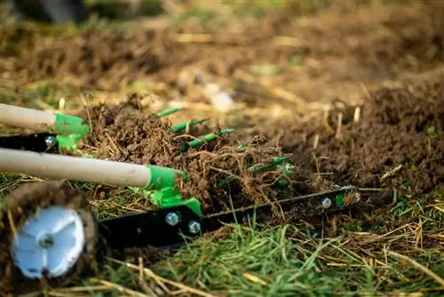 Roots being removed from a dug lawn