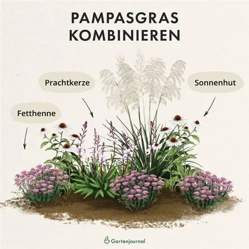 Kombinasie van pampasgras en asters in die bedding ter illustrasie