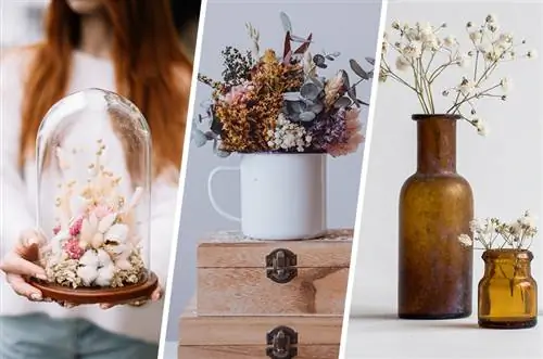 Collage of dried flowers arranged in vases as table decorations