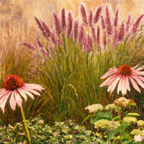 төшөктө coneflowers менен miscanthus айкалыштыруу