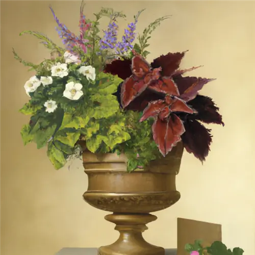 Combine snowflake flowers with coleus in the bucket