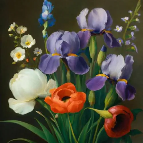 Kuchanganya irises ndevu na papaver katika vase