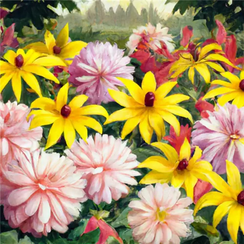 Pagsamahin ang mga dahlias na may mga dilaw na coneflower sa kama