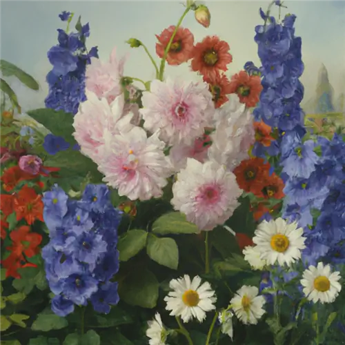 Ua ke dahlias nrog delphiniums hauv txaj