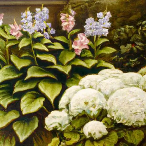 Kombineer hostas met hortensia in die bed